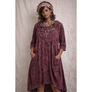 Color Me Cotton Made in USA Lagenlook Art To Wear Pockets Floral Dress Burgundy